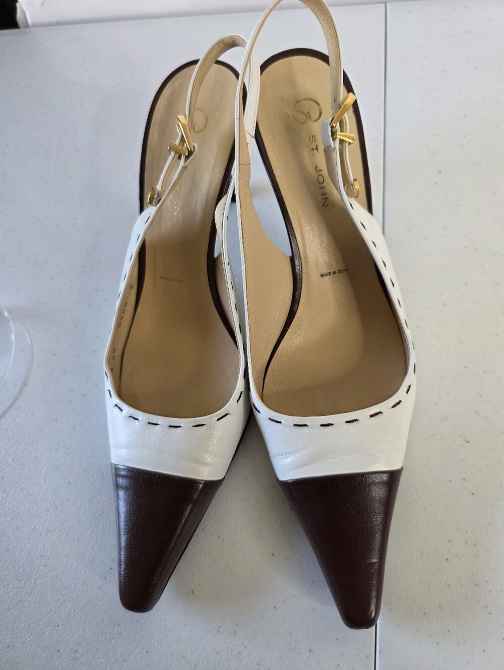 St. John Two-Tone High Heel Pumps Size 10 Vintage Slingbacks Made in Italy Rare - Picture 14 of 14